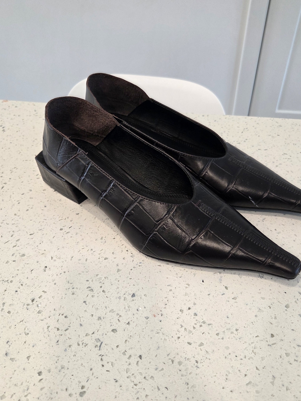 Black Croc-Embossed Pointed Toe Leather Flats - Picture 9 of 13